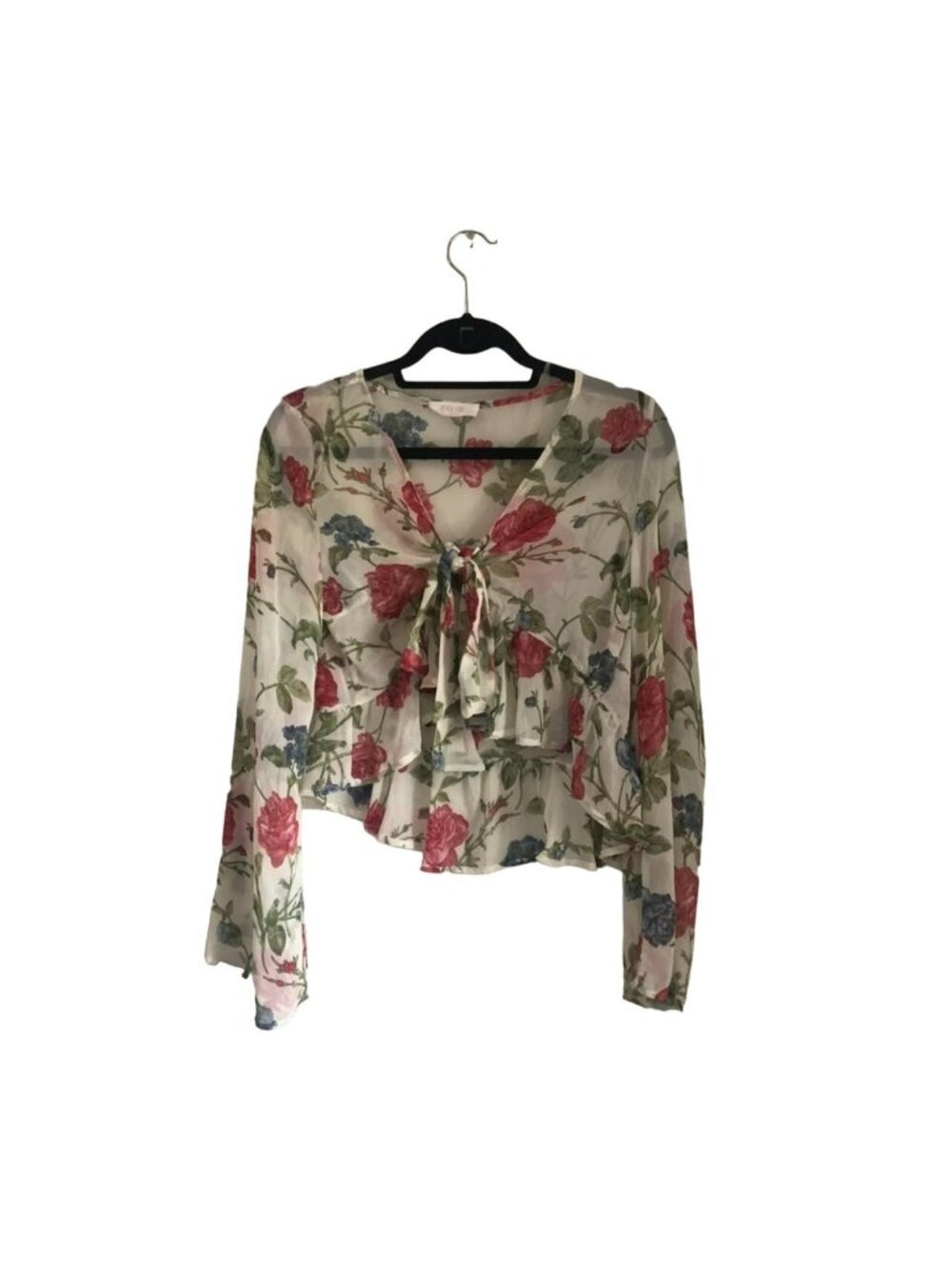 Peach Love Womens Sheer Chiffon Floral Tie Front Cropped Ruffle Blouse Large